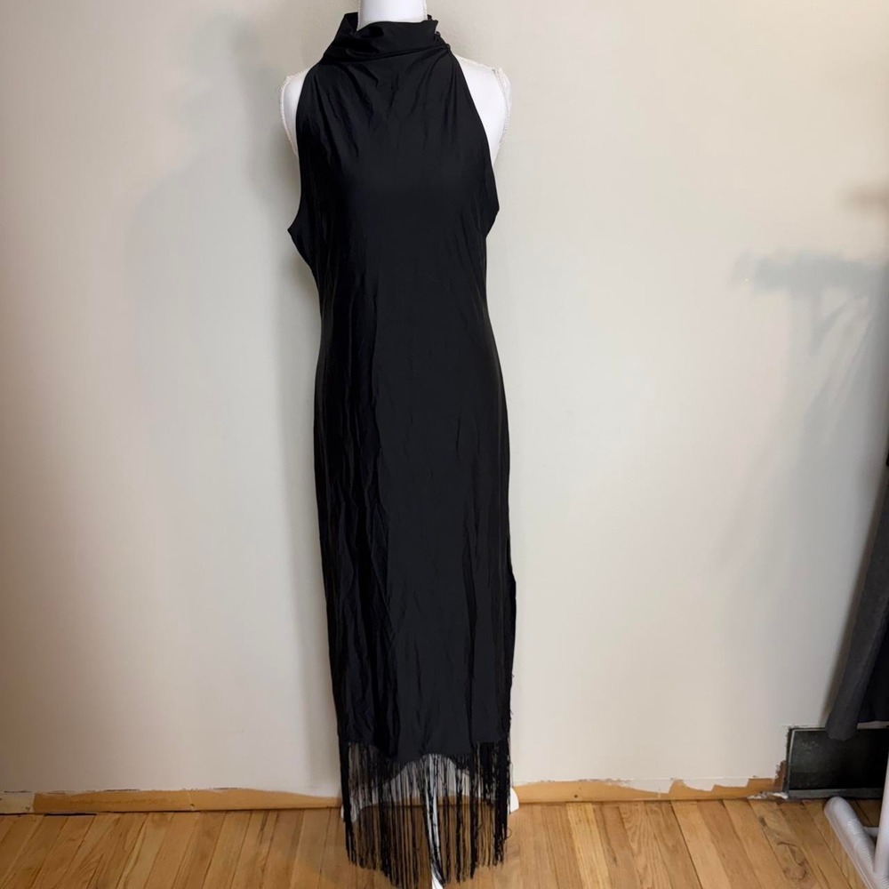 Sleeveless Mock Neck Black Maxi Fringe Dress Womens 12 - 14 Retro Cocktail